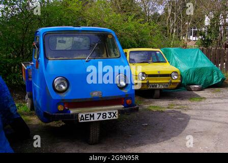 Robin, Reliant, TW 9, Ant und Robin Car, 1950`s Museum, Denbigh, Nordwales, Vereinigtes Königreich. Stockfoto